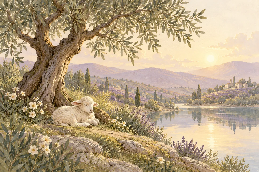 A lamb resting beneath an olive tree beside still water